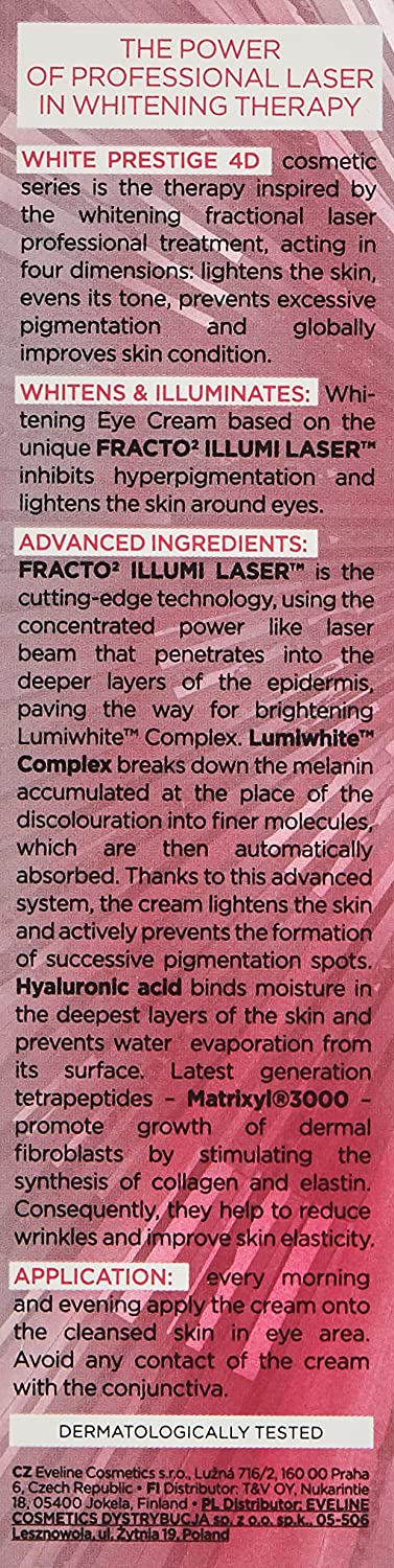 کرم روشن کننده دور چشم اولاین وایت پرستیژ Eveline White Prestige 4D حجم 20 میلی لیتر