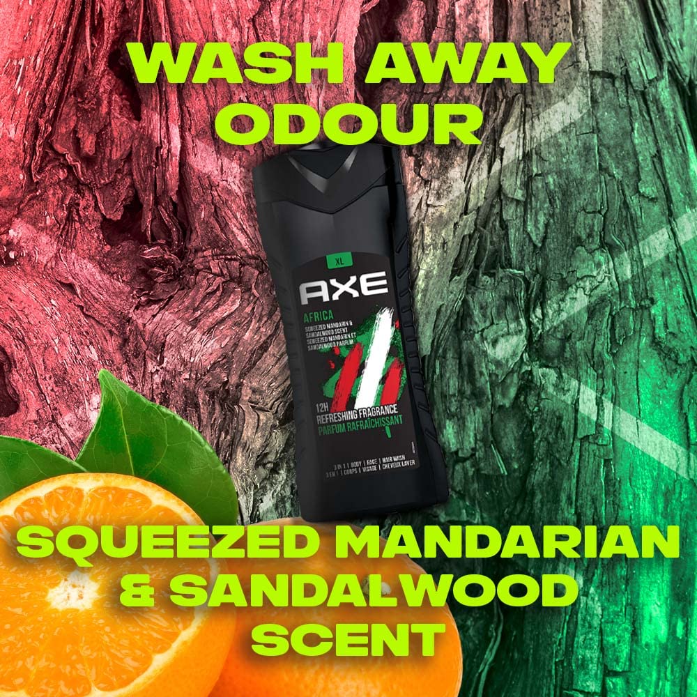 Axe Africa 3 In 1 Body, Face & Hair Wash for Men, Long-Lasting Refreshing Mandarin & Sandalwood Fragrance