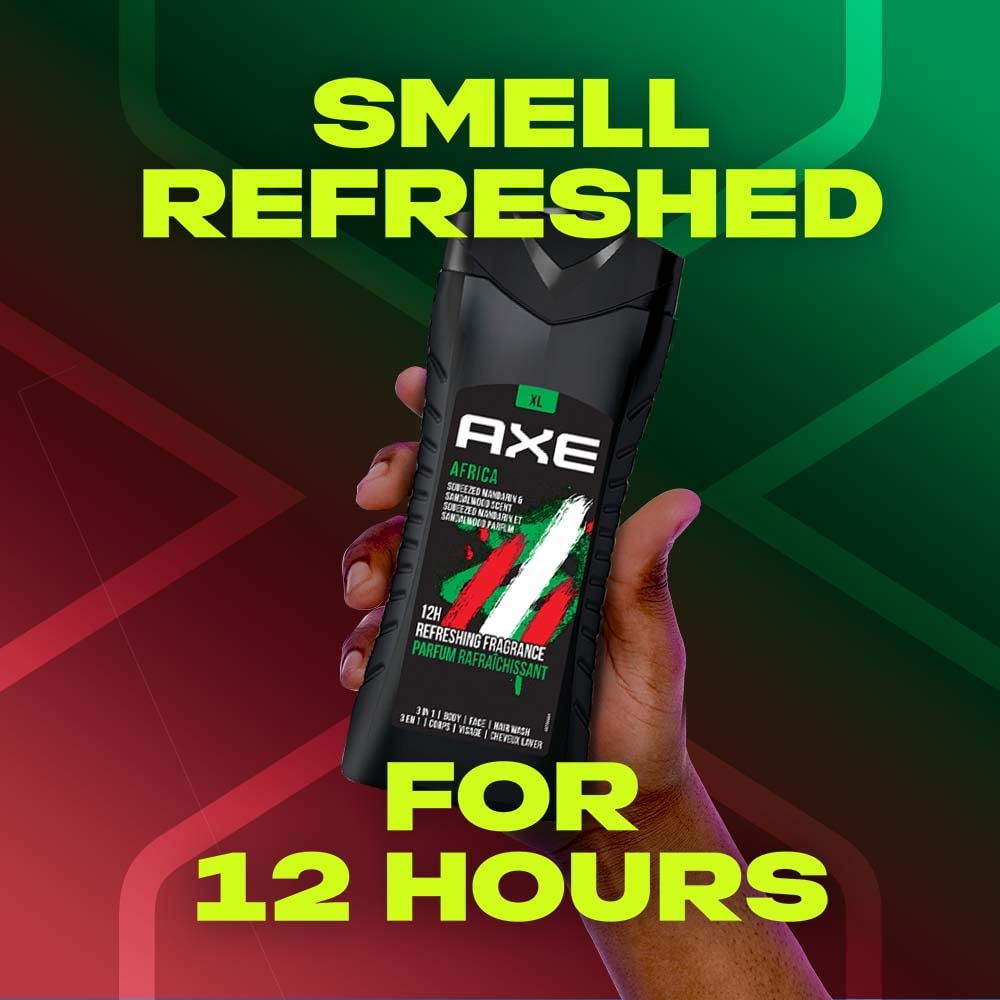 Axe Africa 3 In 1 Body, Face & Hair Wash for Men, Long-Lasting Refreshing Mandarin & Sandalwood Fragrance